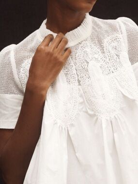 Anthropologie White Crochet Yoke Peplum Blouse